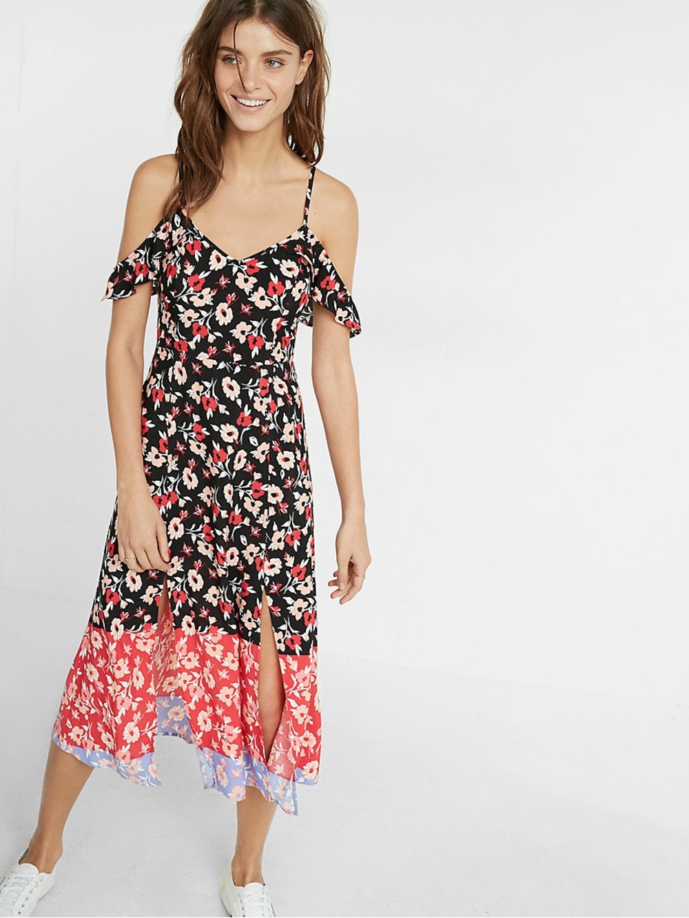 Express Black Floral Cold-Shoulder Midi Dress with Coral Hem, size S